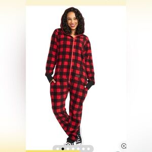Tipsy Elves Red and Black Buffalo Plaid Hooded Onesie